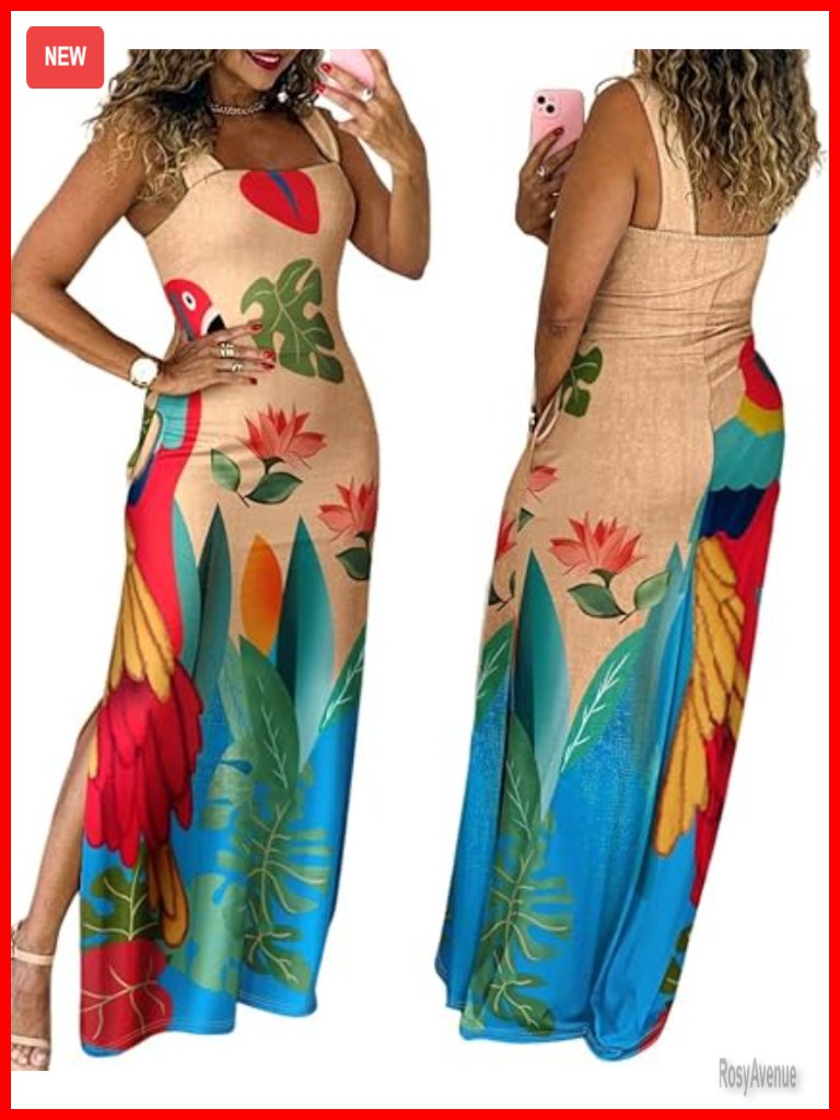 Women's Square Neck Maxi Dress With Pockets And Side Slit